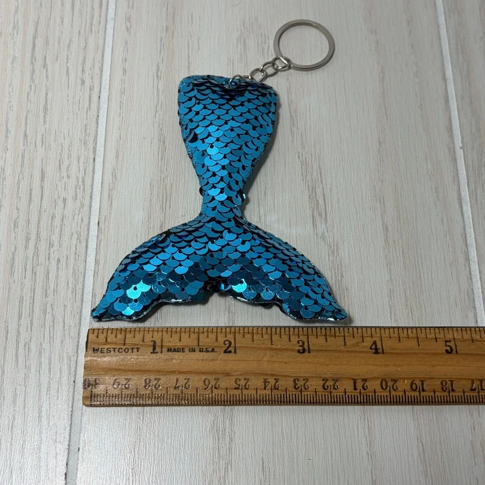 Mermaid Tail Keychain Blue Silver Reversible Flip Sequin Bag Charm Aquamarine